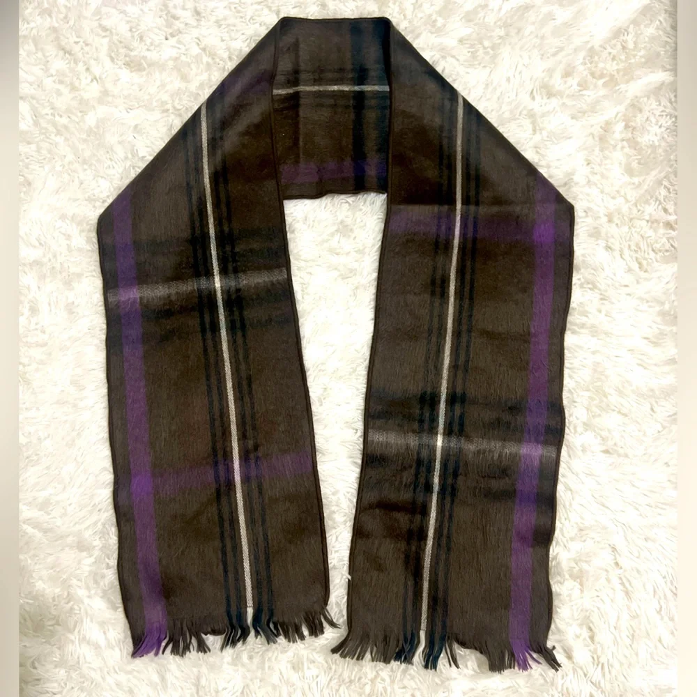 Shupaca Alpaca Scarf Brown Purple Plaid Fringe Handmade Ecuador Soft Winter Wrap